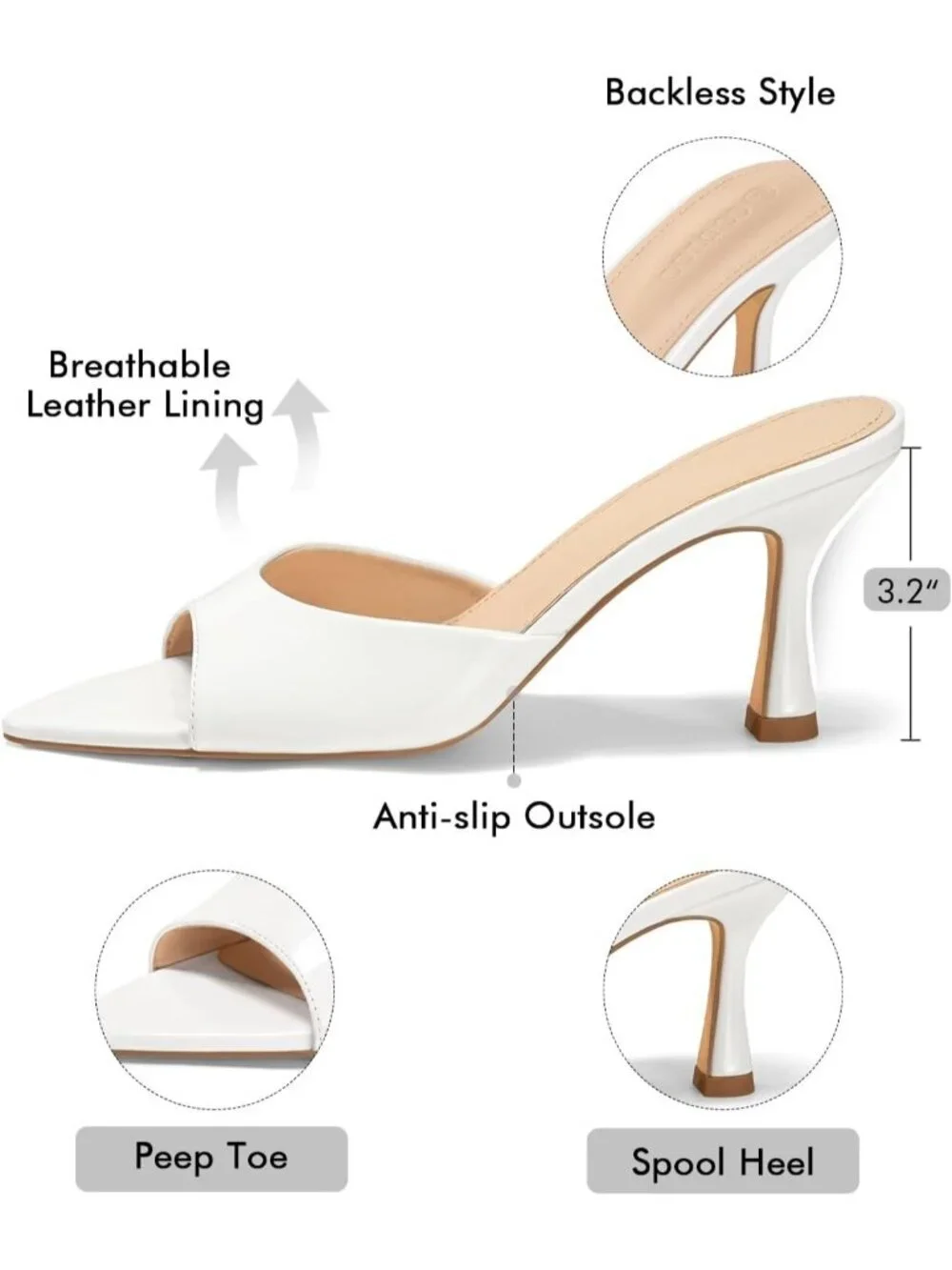 Women's White Pointed Toe High Heels Slip On Backless Imported Sandals
